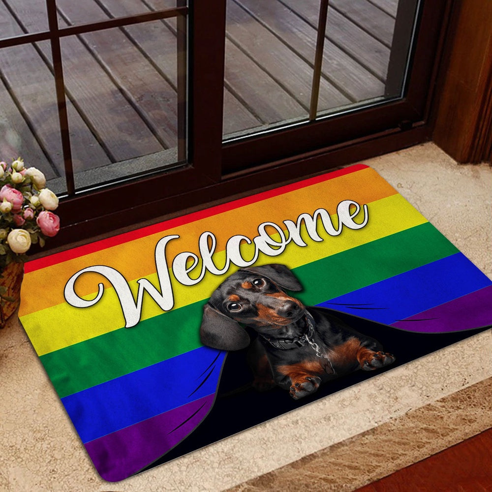 Dachshund Welcome Doormat, LGBT Black & Tan Dachshund Dog Welcome Pride Rainbow Flag Welcome Doormat, Pets Home Decor Door Mat