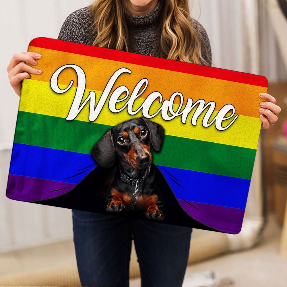 Dachshund Welcome Doormat, LGBT Black & Tan Dachshund Dog Welcome Pride Rainbow Flag Welcome Doormat, Pets Home Decor Door Mat