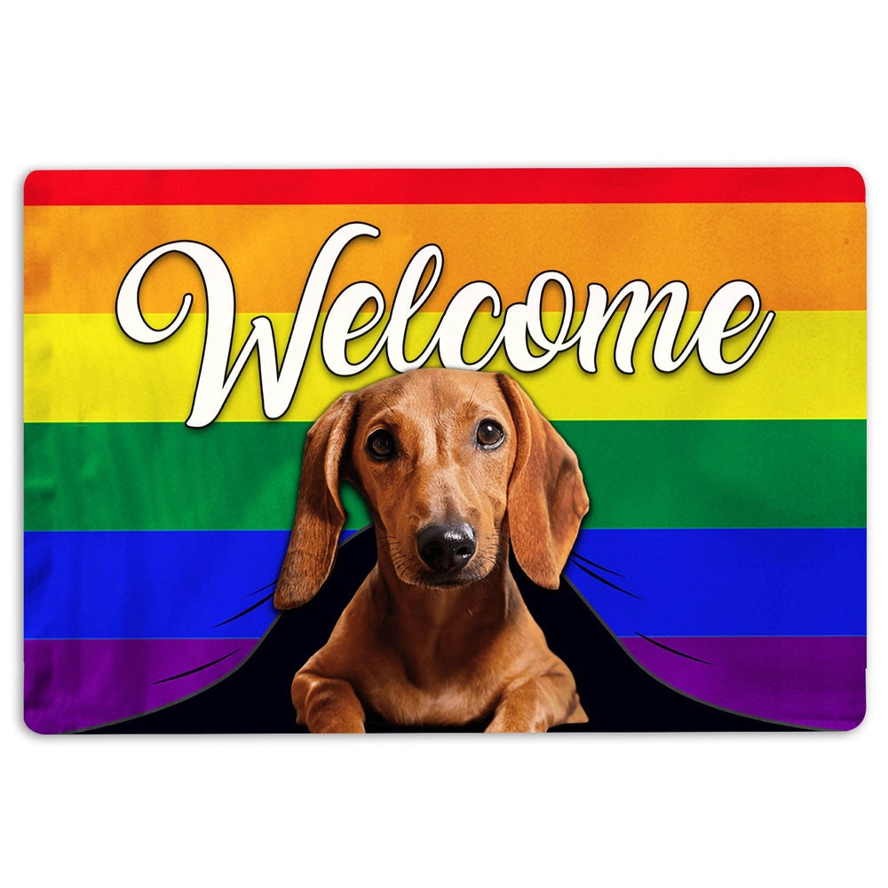 Dachshund Welcome Doormat, LGBT Brown Dachshund Dog Welcome Pride Rainbow Flag Welcome Doormat, Pets Home Decor Door Mat