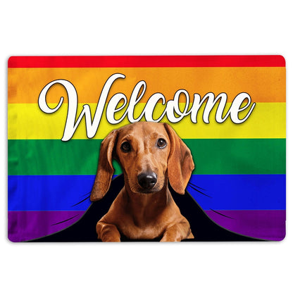 Dachshund Welcome Doormat, LGBT Brown Dachshund Dog Welcome Pride Rainbow Flag Welcome Doormat, Pets Home Decor Door Mat