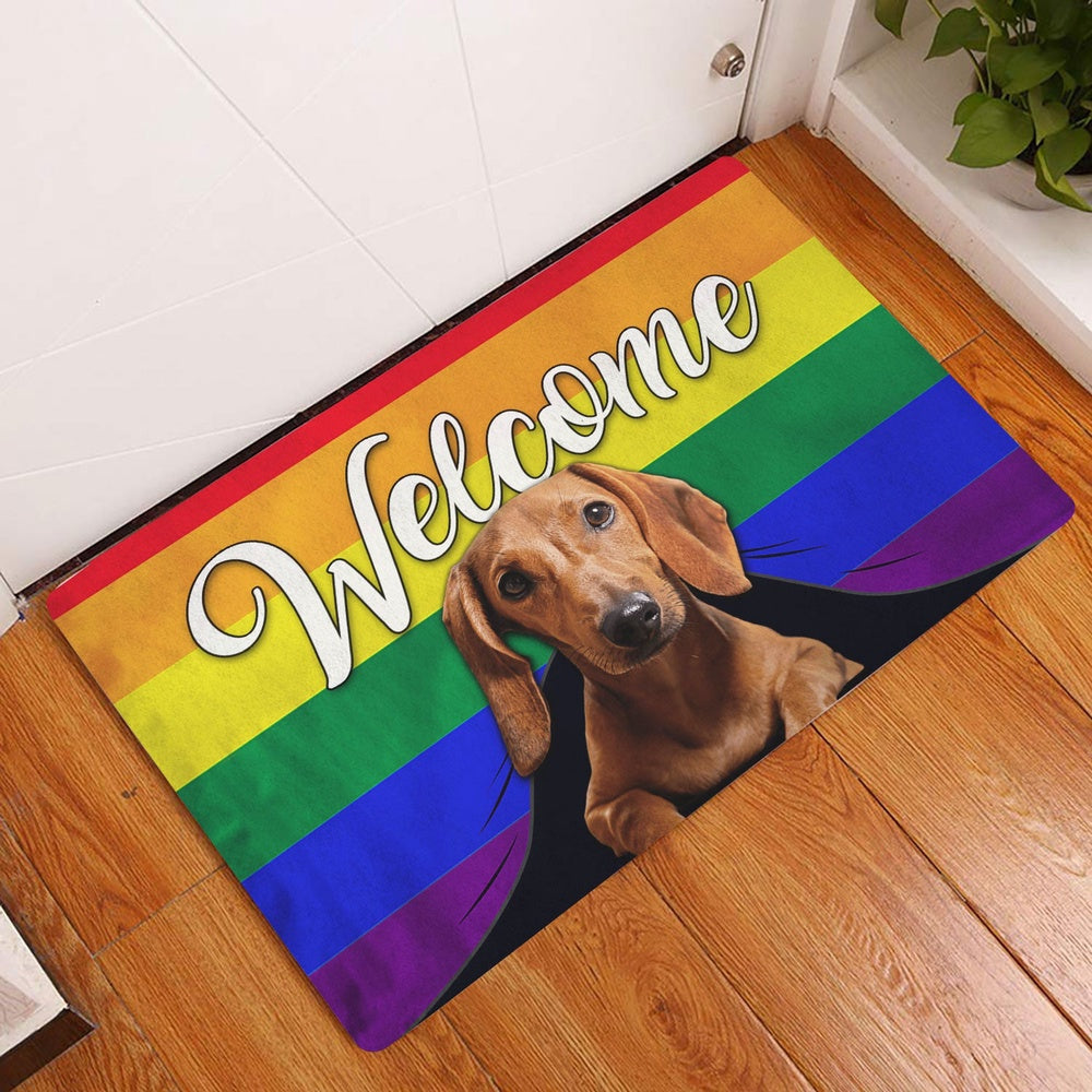 Dachshund Welcome Doormat, LGBT Brown Dachshund Dog Welcome Pride Rainbow Flag Welcome Doormat, Pets Home Decor Door Mat