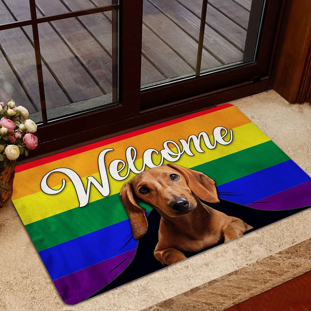 Dachshund Welcome Doormat, LGBT Brown Dachshund Dog Welcome Pride Rainbow Flag Welcome Doormat, Pets Home Decor Door Mat
