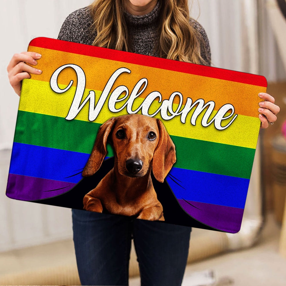 Dachshund Welcome Doormat, LGBT Brown Dachshund Dog Welcome Pride Rainbow Flag Welcome Doormat, Pets Home Decor Door Mat