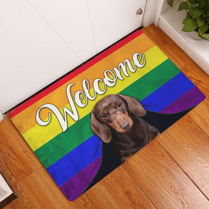 Dachshund Welcome Doormat, LGBT Dachshund Dog Welcome Pride Rainbow Flag Welcome Doormat, Pets Home Decor Door Mat