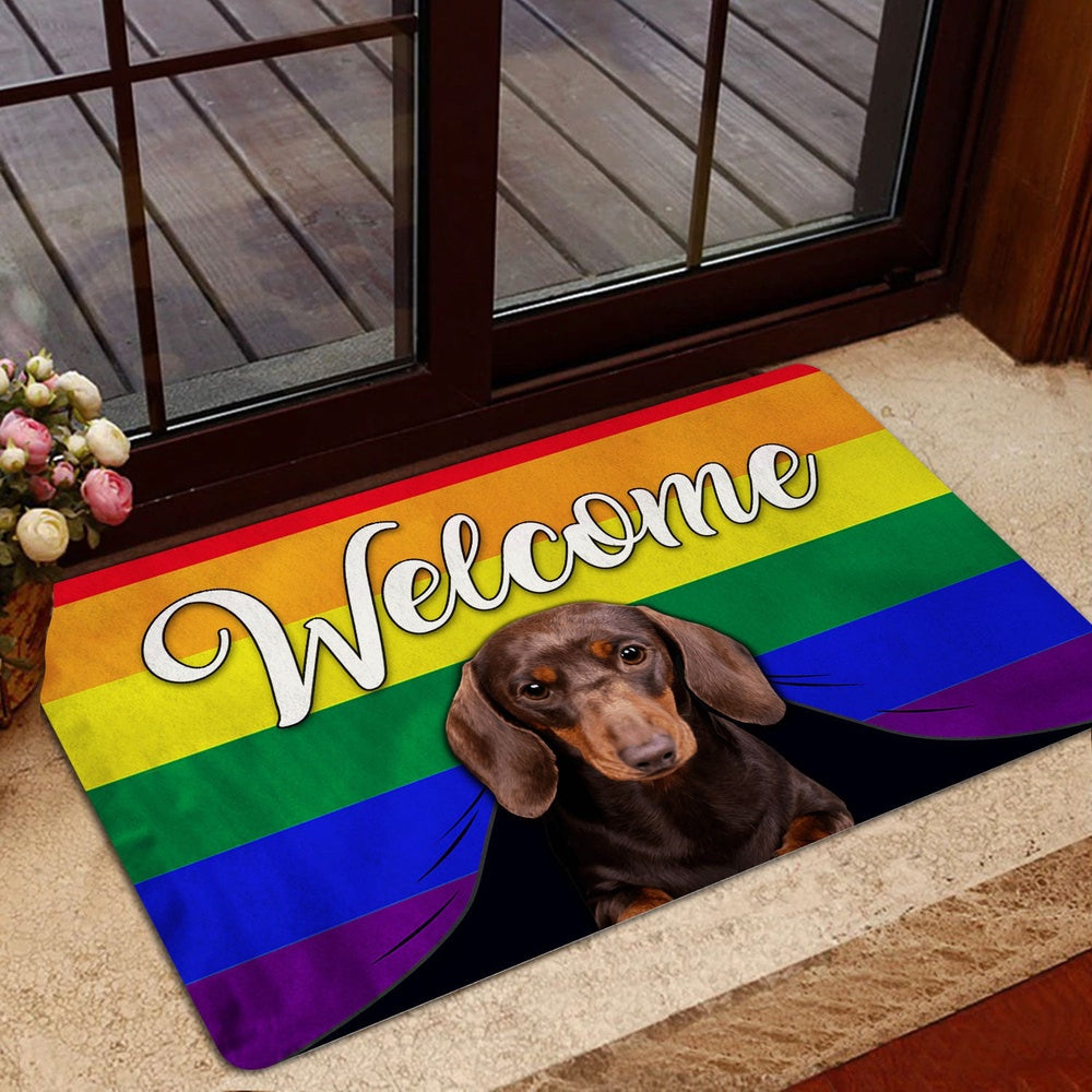 Dachshund Welcome Doormat, LGBT Dachshund Dog Welcome Pride Rainbow Flag Welcome Doormat, Pets Home Decor Door Mat