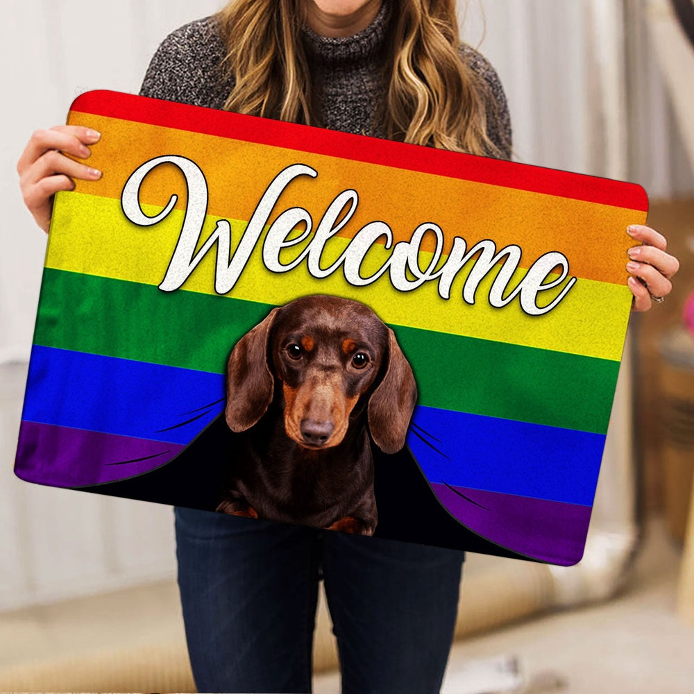 Dachshund Welcome Doormat, LGBT Dachshund Dog Welcome Pride Rainbow Flag Welcome Doormat, Pets Home Decor Door Mat
