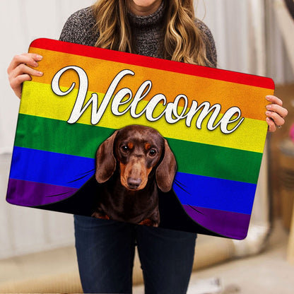 Dachshund Welcome Doormat, LGBT Dachshund Dog Welcome Pride Rainbow Flag Welcome Doormat, Pets Home Decor Door Mat