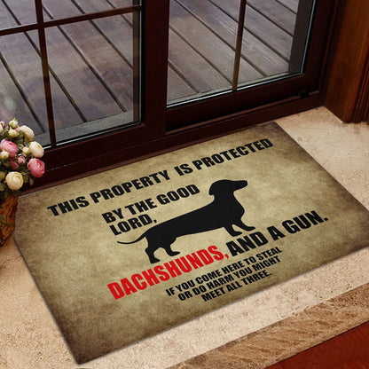 Dachshund Welcome Doormat, This Property Is Protected By The Good Lord, A Dachshund Dog Welcome Doormat, Pets Home Decor Door Mat