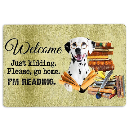 Dalmatian Welcome Doormat, Dalmatian Dog And Book Please Go Home I'm Reading Welcome Doormat, Pets Home Decor Door Mat
