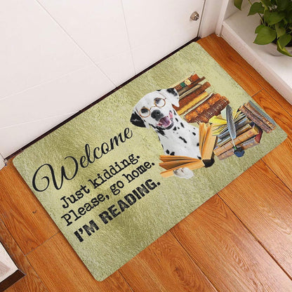 Dalmatian Welcome Doormat, Dalmatian Dog And Book Please Go Home I'm Reading Welcome Doormat, Pets Home Decor Door Mat