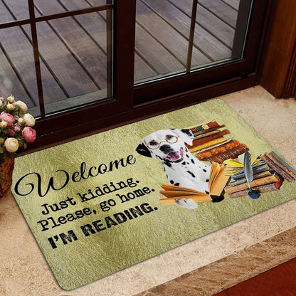 Dalmatian Welcome Doormat, Dalmatian Dog And Book Please Go Home I'm Reading Welcome Doormat, Pets Home Decor Door Mat