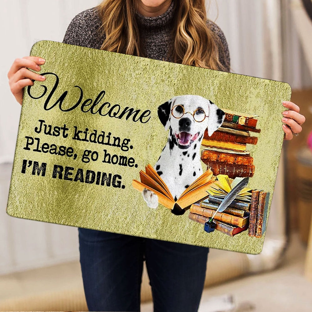 Dalmatian Welcome Doormat, Dalmatian Dog And Book Please Go Home I'm Reading Welcome Doormat, Pets Home Decor Door Mat