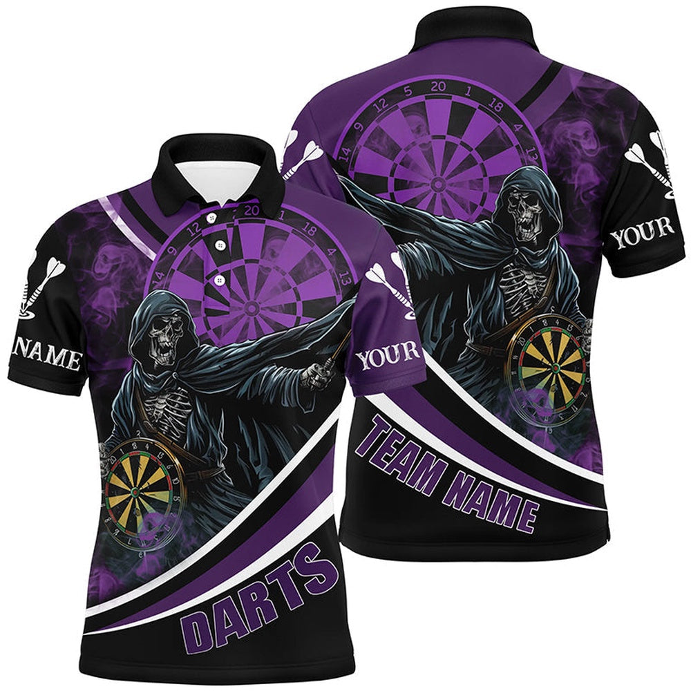 Death Skeleton Purple Darts Polo Men Polo Shirts Custom Team League Darts Shirts, Darts Team Polo Shirt