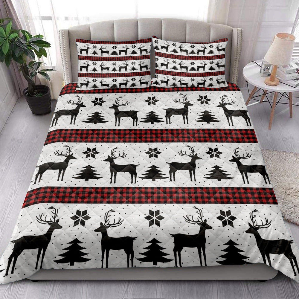 Deer Andmas Treemas New Year Red Buffalo Plaid Bedding Set, Christmas Beddings, Xmas Bedding Sets