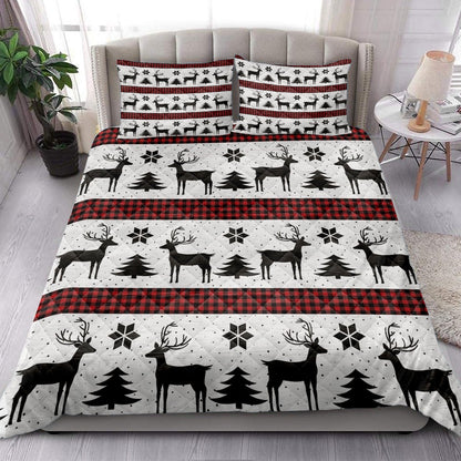 Deer Andmas Treemas New Year Red Buffalo Plaid Bedding Set, Christmas Beddings, Xmas Bedding Sets