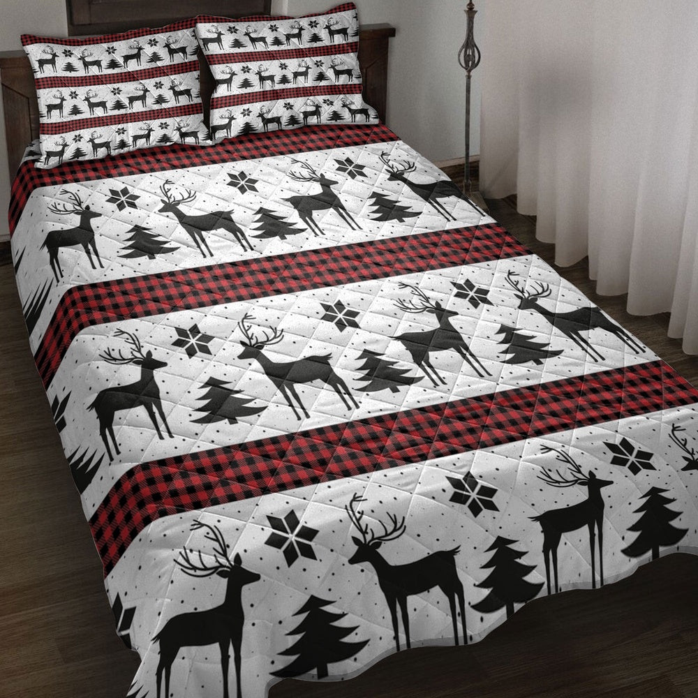 Deer Andmas Treemas New Year Red Buffalo Plaid Bedding Set, Christmas Beddings, Xmas Bedding Sets