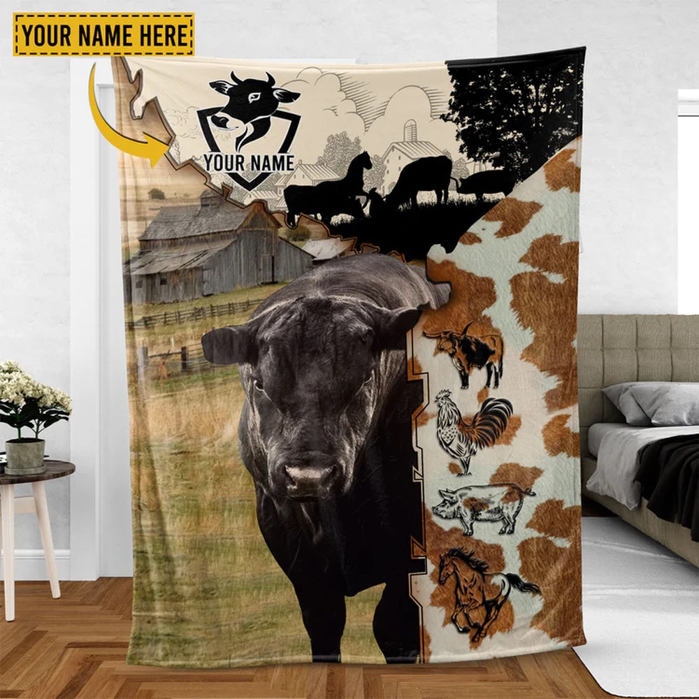 Dexter Cattle Personalized Name Feather Pattern Blanket, Farm Blanket, Farm Animal Blanket
