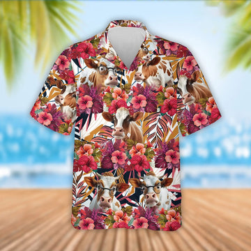 Dexter Cattle Red Hibicus Flowers Hawaiian Shirt, Farm Hawaiian Shirt, Farmer Hawaii