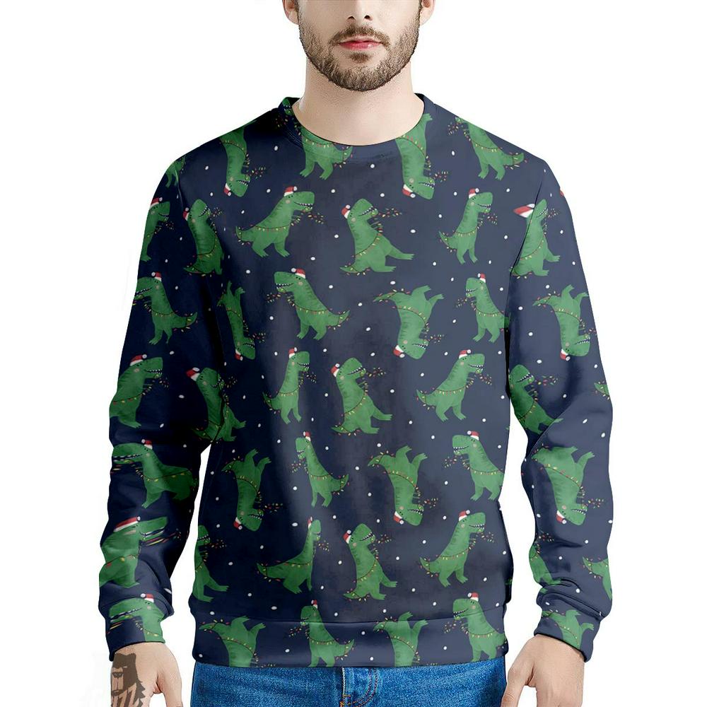 Dino T-Rex Christmas Santa Claus Print Pattern Sweatshirt, Mens Christmas Sweatshirts, Ugly Xmas Sweatshirt