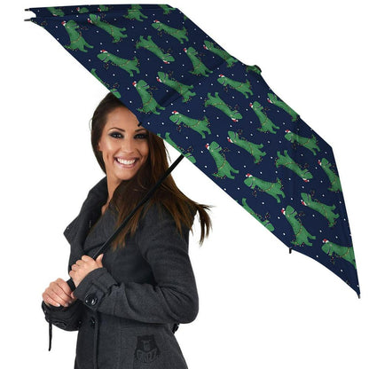 Dino T-Rex Christmas Santa Claus Print Pattern Umbrella, Christmas Umbrella, Xmas Umbrella