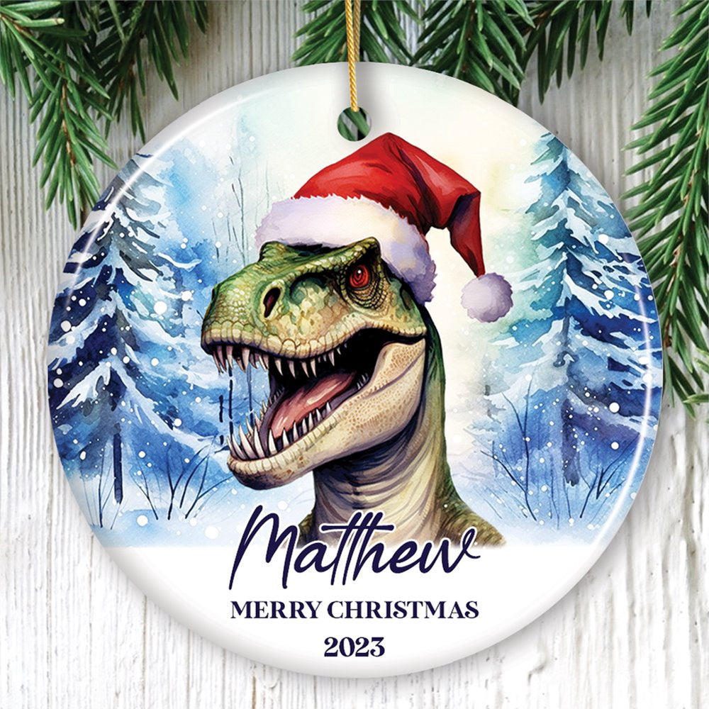 Dinosaur with Santa Hat Personalized Ornament, Winter Forest Christmas, Christmas Ornament, Personalized Ornaments