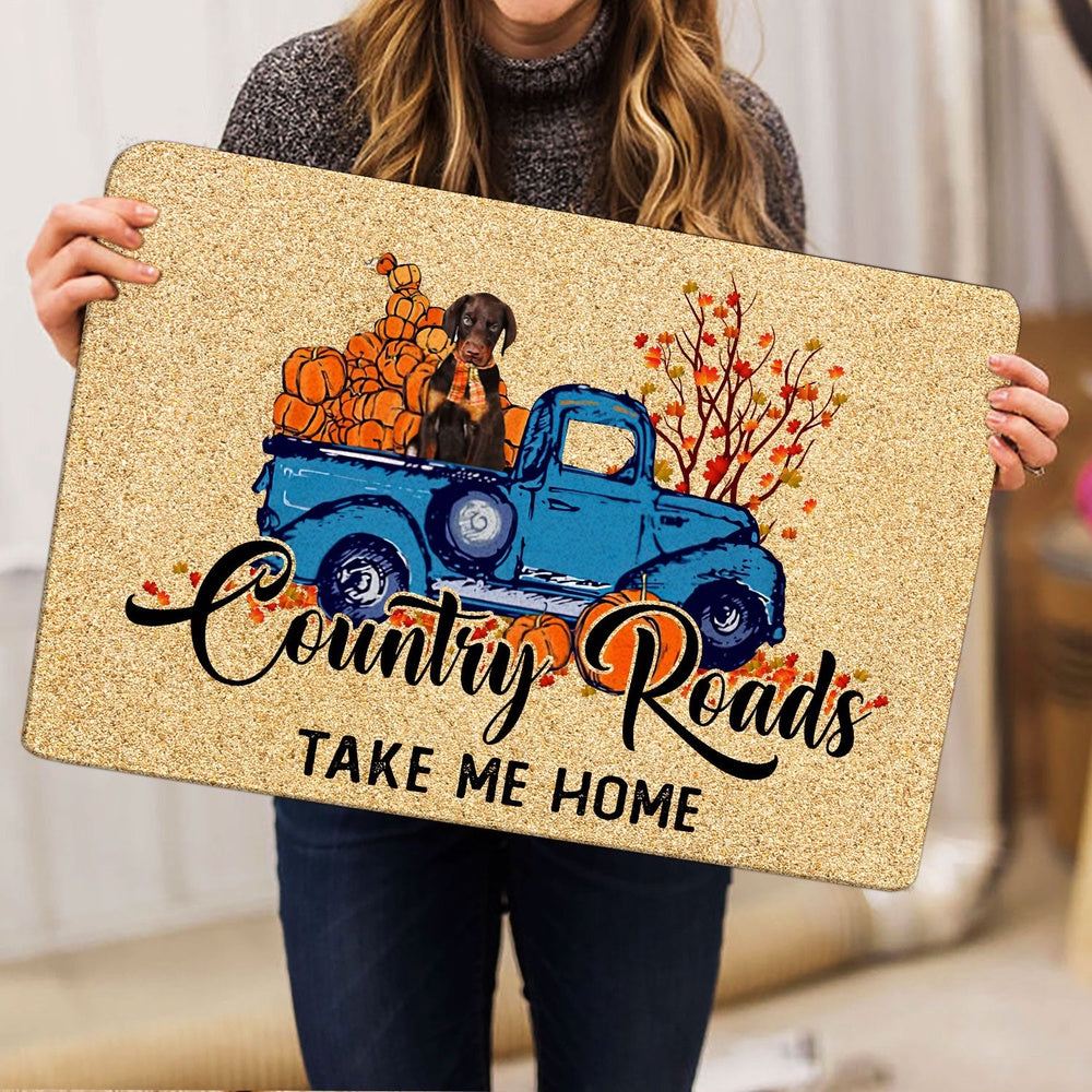 Dobermann Welcome Doormat, Dobermann Country Road Take Me Home Fall Pumpkins Autumn Welcome Doormat, Pets Home Decor Door Mat