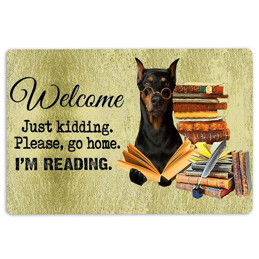 Dobermann Welcome Doormat, Dobermann Dog And Book Please Go Home I'm Reading Welcome Doormat, Pets Home Decor Door Mat