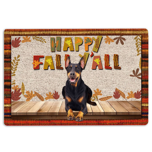 Dobermann Welcome Doormat, Dobermann Dog Happy Fall Y'all Pumpkin Spice Leaf Welcome Doormat, Pets Home Decor Door Mat