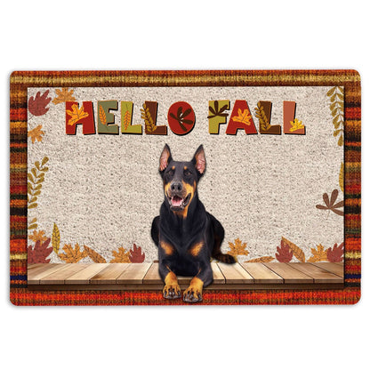 Dobermann Welcome Doormat, Dobermann Dog Hello Fall Pumpkin Spice Maple Leaf Autumn Welcome Doormat, Pets Home Decor Door Mat