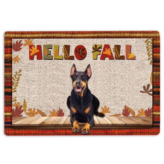 Dobermann Welcome Doormat, Dobermann Dog Hello Fall Pumpkin Spice Maple Leaf Autumn Welcome Doormat, Pets Home Decor Door Mat