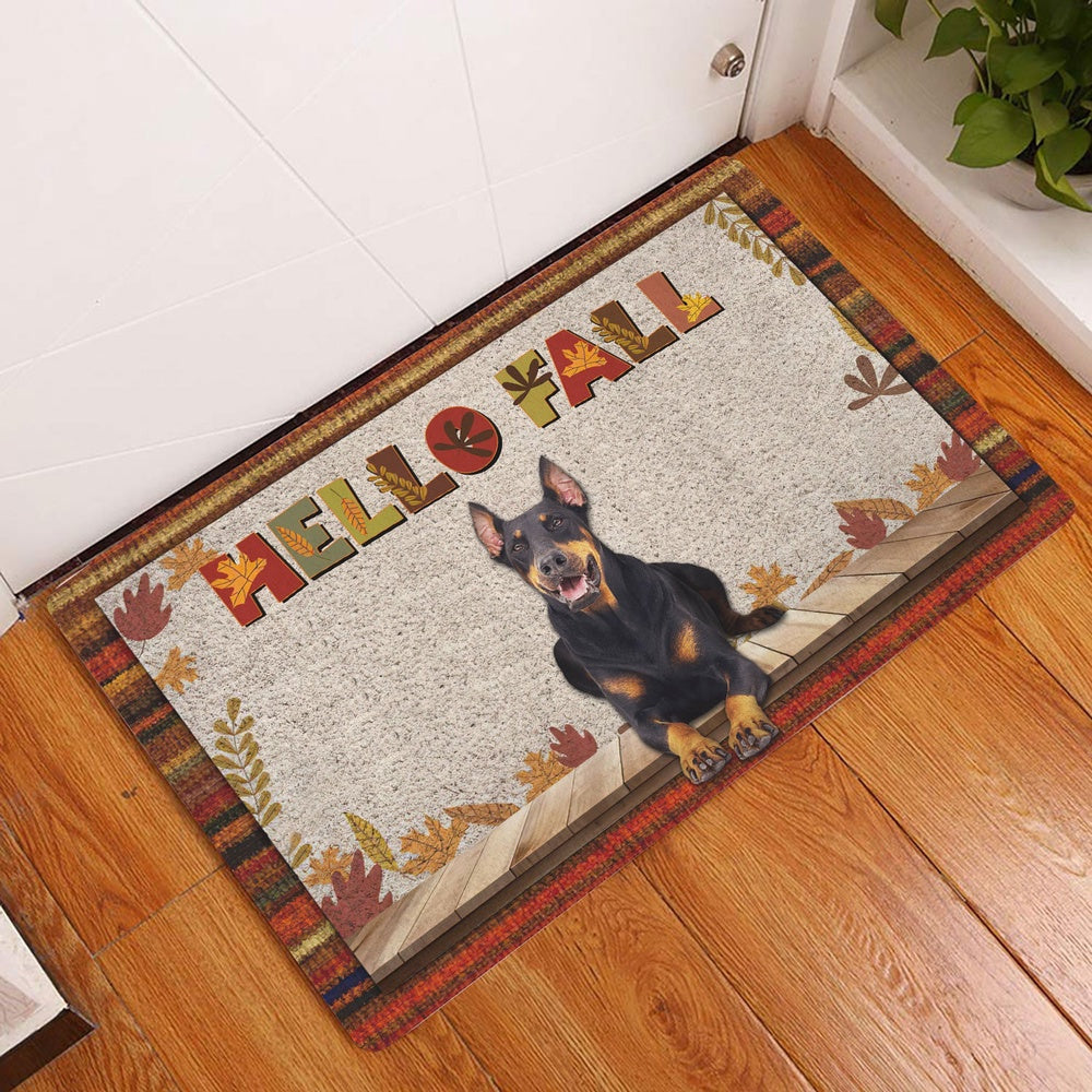 Dobermann Welcome Doormat, Dobermann Dog Hello Fall Pumpkin Spice Maple Leaf Autumn Welcome Doormat, Pets Home Decor Door Mat
