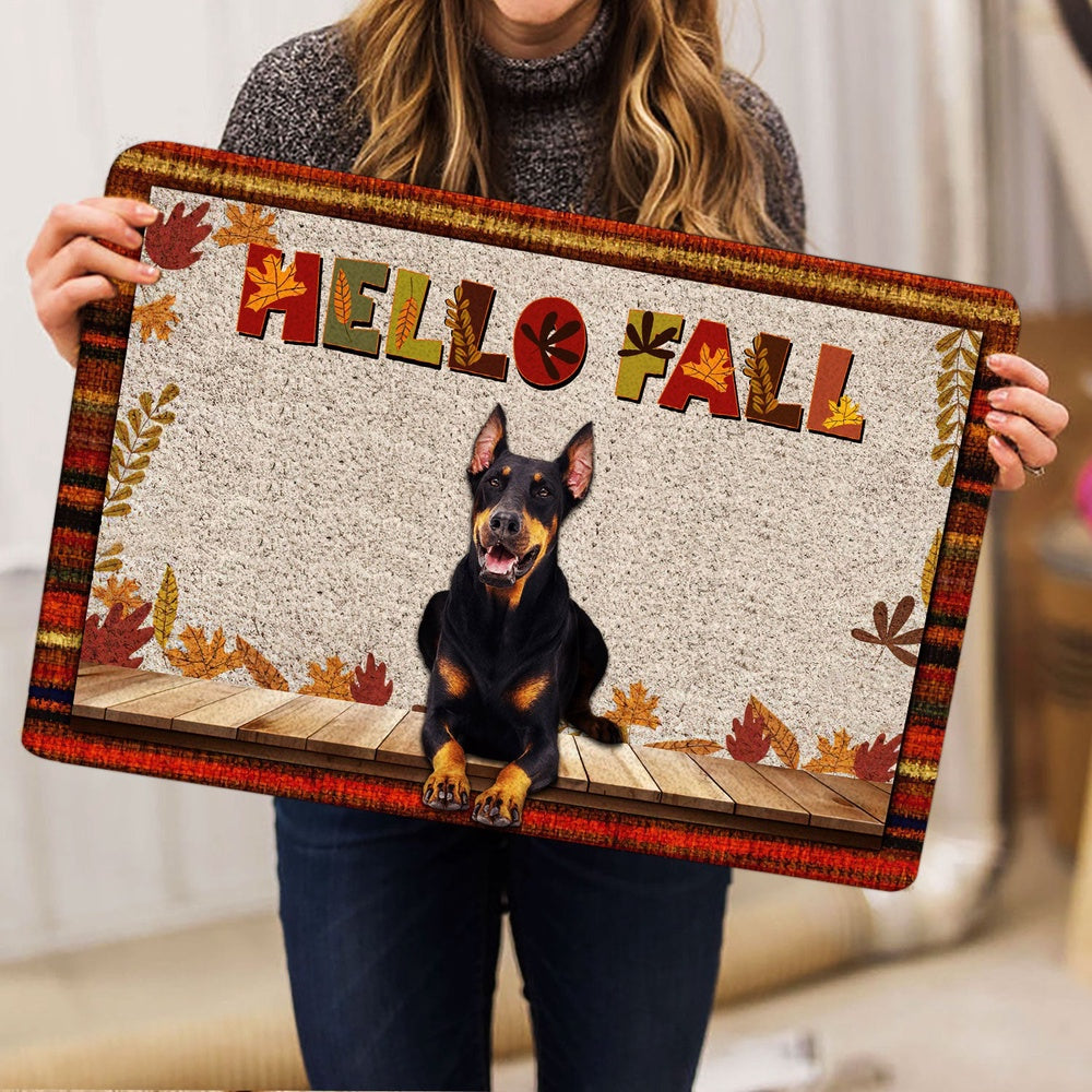 Dobermann Welcome Doormat, Dobermann Dog Hello Fall Pumpkin Spice Maple Leaf Autumn Welcome Doormat, Pets Home Decor Door Mat