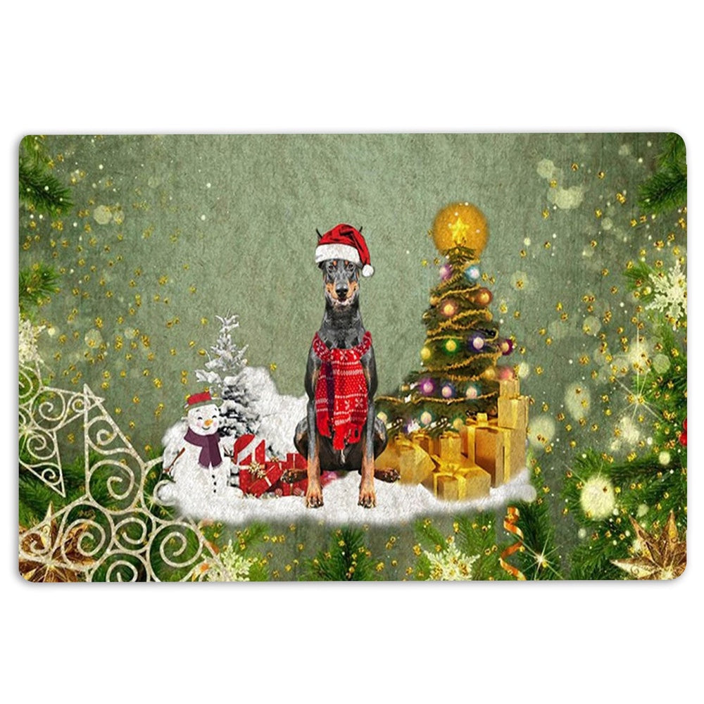 Dobermann Welcome Doormat, Dobermann Dog Merry Christmas Snow Christmas Tree Xmas Holidays Welcome Doormat, Pets Home Decor Door Mat