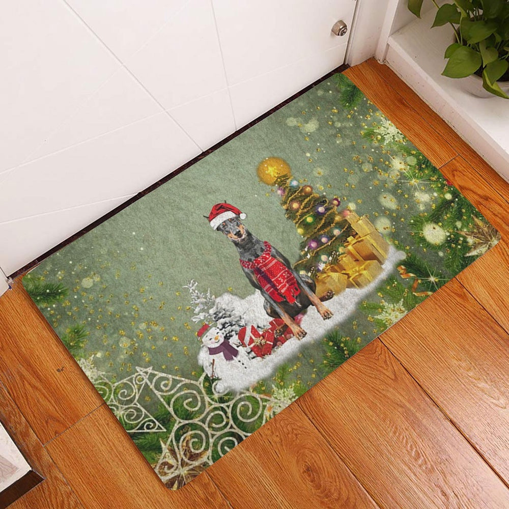 Dobermann Welcome Doormat, Dobermann Dog Merry Christmas Snow Christmas Tree Xmas Holidays Welcome Doormat, Pets Home Decor Door Mat