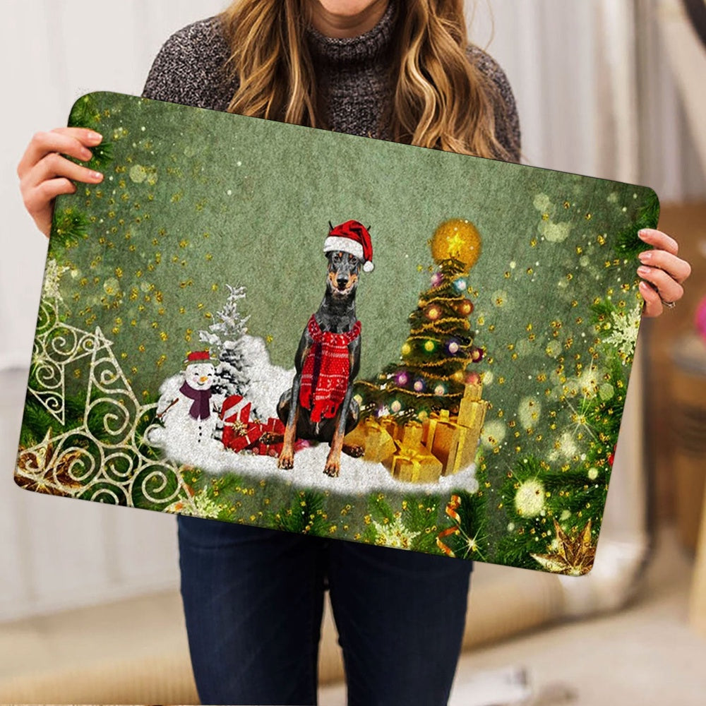 Dobermann Welcome Doormat, Dobermann Dog Merry Christmas Snow Christmas Tree Xmas Holidays Welcome Doormat, Pets Home Decor Door Mat