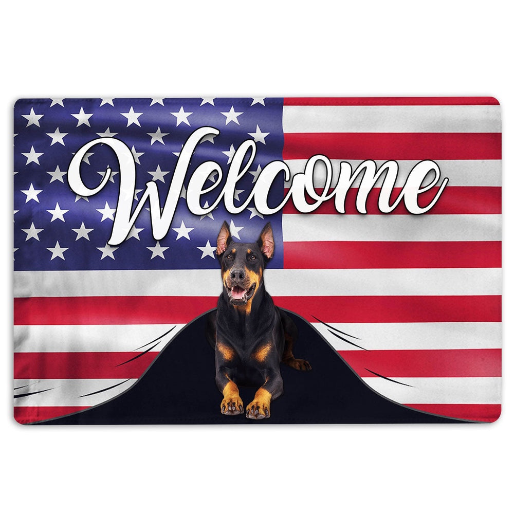 Dobermann Welcome Doormat, Dobermann Dog Welcome American Flag USA Patriotic Welcome Doormat, Pets Home Decor Door Mat