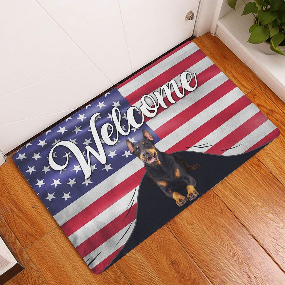 Dobermann Welcome Doormat, Dobermann Dog Welcome American Flag USA Patriotic Welcome Doormat, Pets Home Decor Door Mat