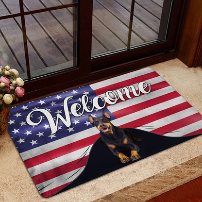Dobermann Welcome Doormat, Dobermann Dog Welcome American Flag USA Patriotic Welcome Doormat, Pets Home Decor Door Mat