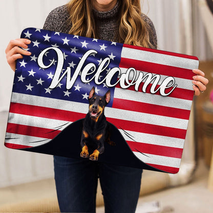Dobermann Welcome Doormat, Dobermann Dog Welcome American Flag USA Patriotic Welcome Doormat, Pets Home Decor Door Mat