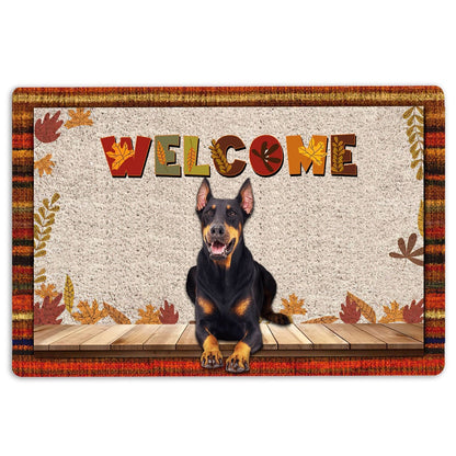 Dobermann Welcome Doormat, Dobermann Dog Welcome Fall Autumn Pumpkin Spice Maple Leaf Welcome Doormat, Pets Home Decor Door Mat