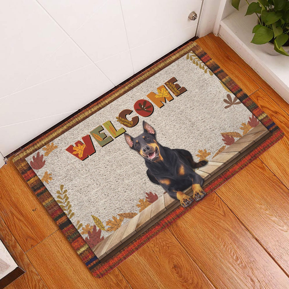 Dobermann Welcome Doormat, Dobermann Dog Welcome Fall Autumn Pumpkin Spice Maple Leaf Welcome Doormat, Pets Home Decor Door Mat