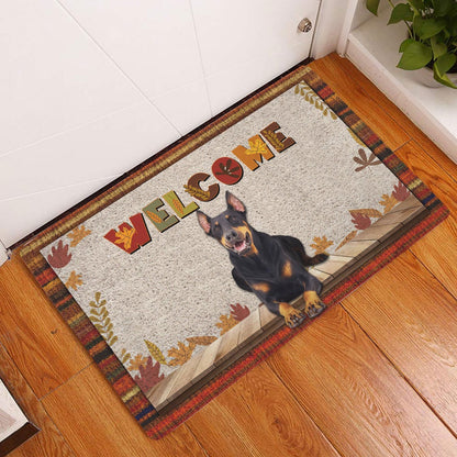 Dobermann Welcome Doormat, Dobermann Dog Welcome Fall Autumn Pumpkin Spice Maple Leaf Welcome Doormat, Pets Home Decor Door Mat