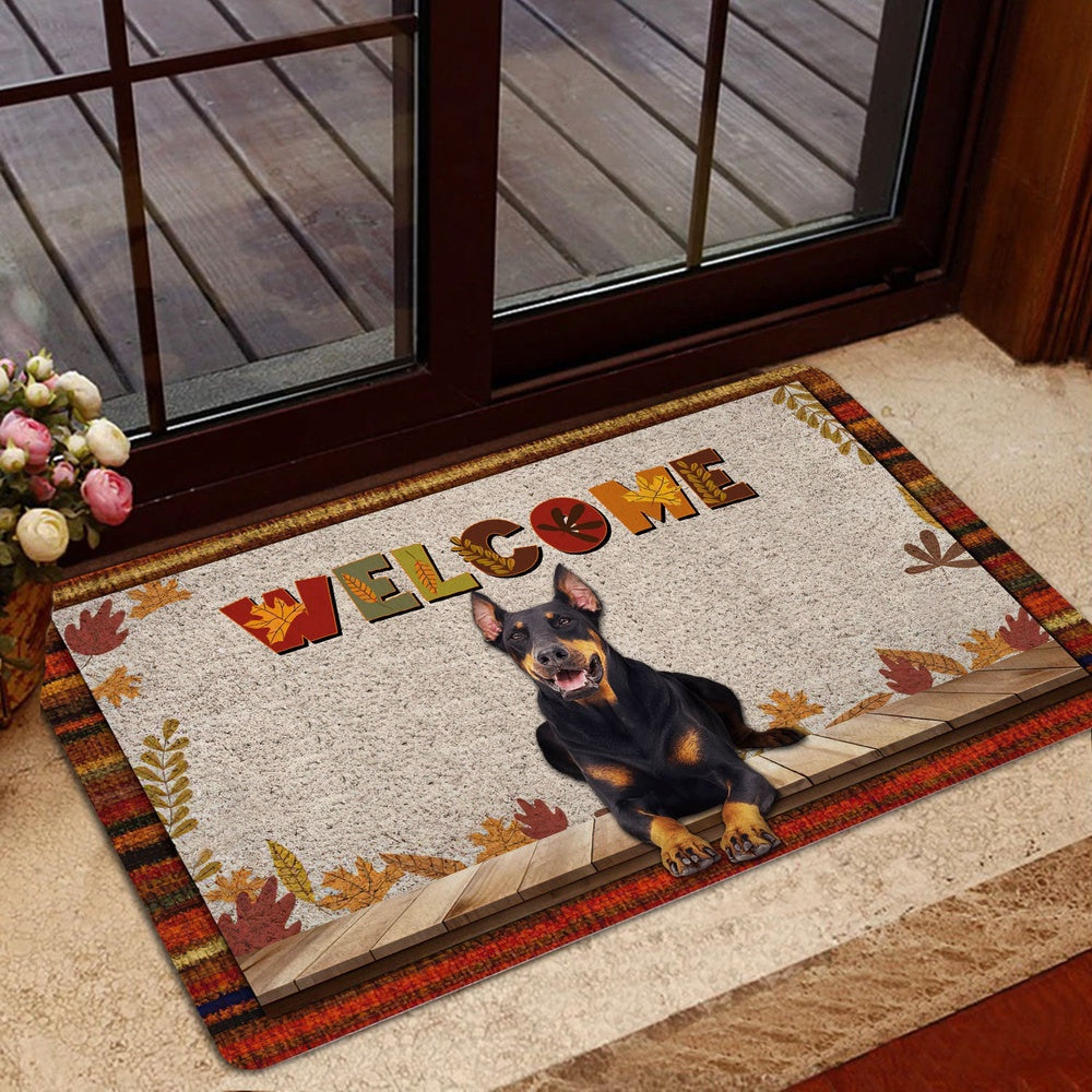 Dobermann Welcome Doormat, Dobermann Dog Welcome Fall Autumn Pumpkin Spice Maple Leaf Welcome Doormat, Pets Home Decor Door Mat