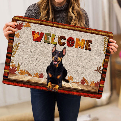 Dobermann Welcome Doormat, Dobermann Dog Welcome Fall Autumn Pumpkin Spice Maple Leaf Welcome Doormat, Pets Home Decor Door Mat