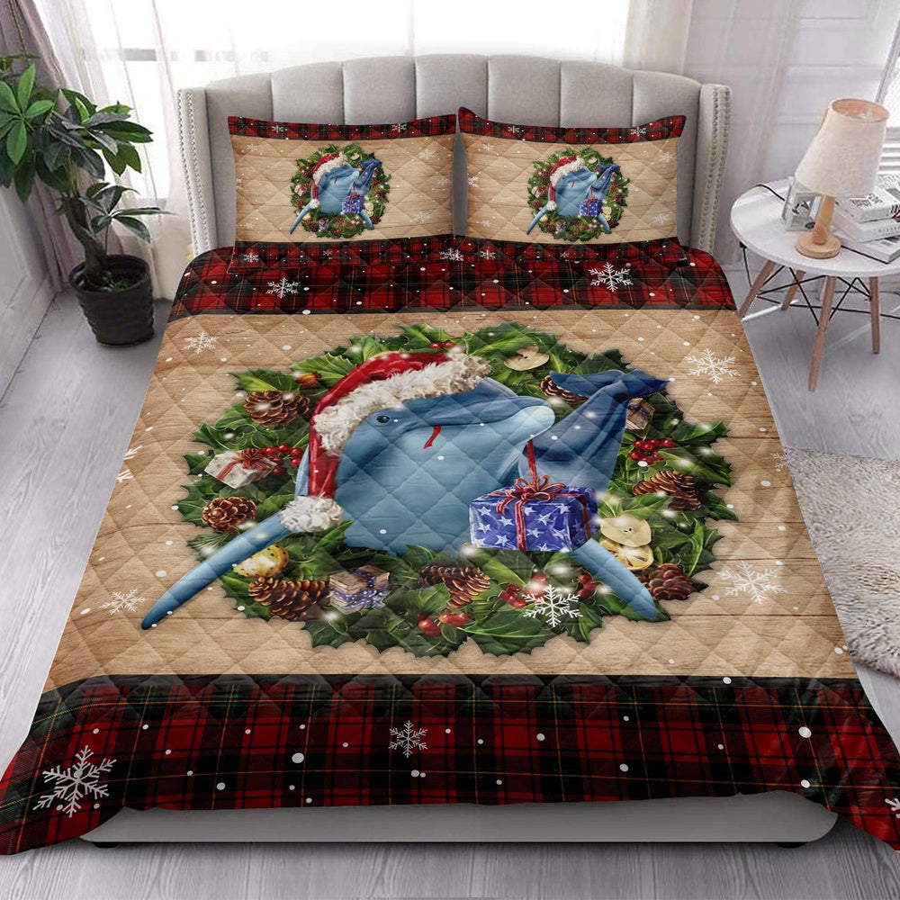 Dolphin Wearing Wreath Amas Hat Buffalo Plaid Holiday Bedding Set, Christmas Beddings, Xmas Bedding Sets
