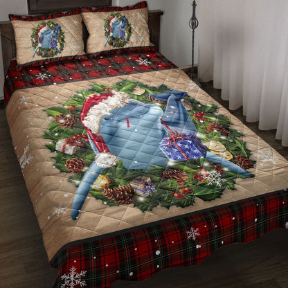 Dolphin Wearing Wreath Amas Hat Buffalo Plaid Holiday Bedding Set, Christmas Beddings, Xmas Bedding Sets