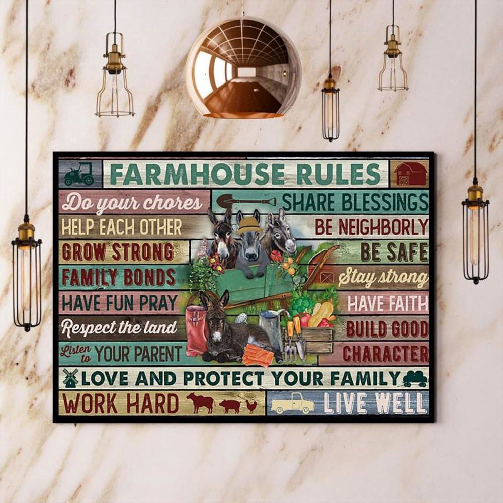 Donkey Farmhouse Rules Be Safe Stay Strong Have Faith Build Good Character Love And Protect Your Family Farm Lover Canvas, Farm Canvas, Farm Gift