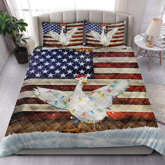 Duck Wearing Amas Hat With String Light Us Flag Bedding Set, Christmas Beddings, Xmas Bedding Sets