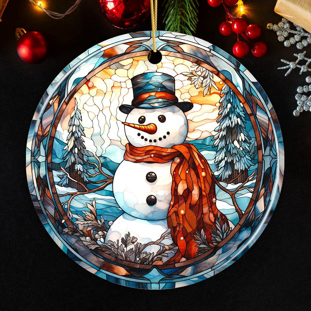 Elegant Snowman Stained Glass Themed Ceramic Christmas Ornament, Christmas Ornament
