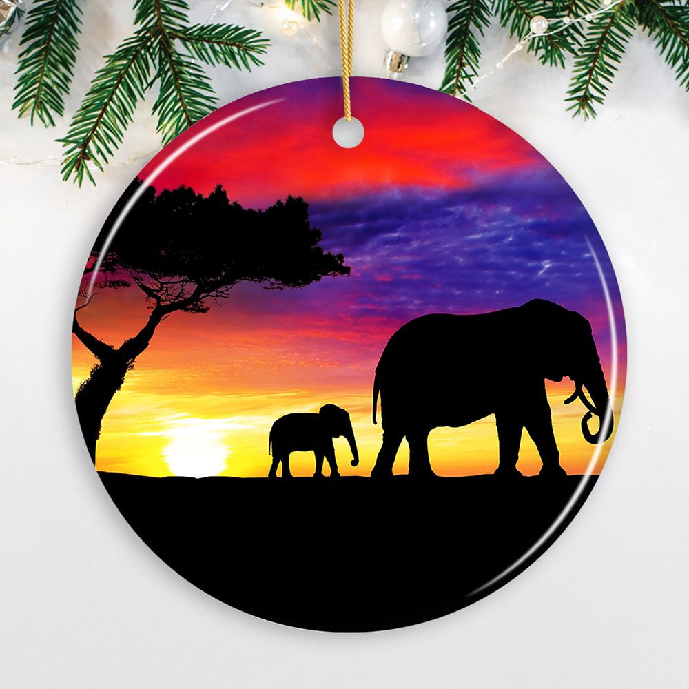 Elephant Silhouette Ornament, Exotic Nature Sunset of Africa Christmas Decoration, Christmas Ornament